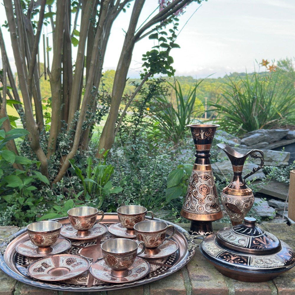 Turkish Copper Coffee Set 14pc Hand Etched Erzincan Tray Cups Vintage Boho Decor